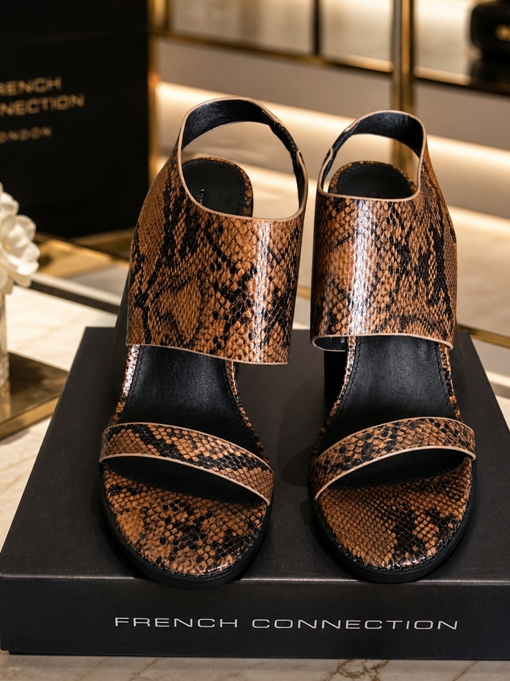 French Connection Brown Snake-Print Slingback Sandals Size 9